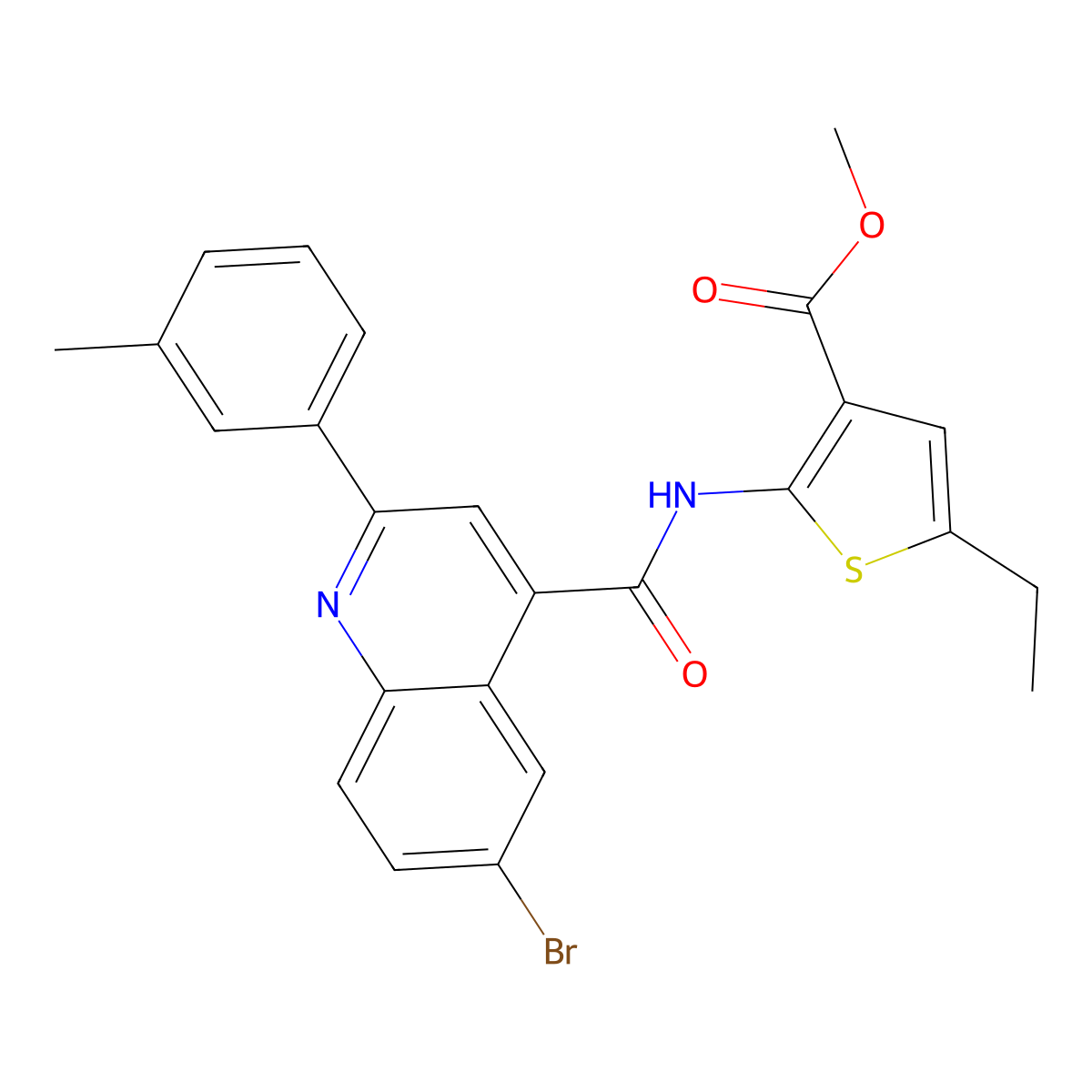 Methyl 2-[[6-bromo-2-(3-methylphenyl)quinoline-4-carbonyl]amino]-5-ethylthiophene-3-carboxylate molecular structure, CAS 438211-94-0