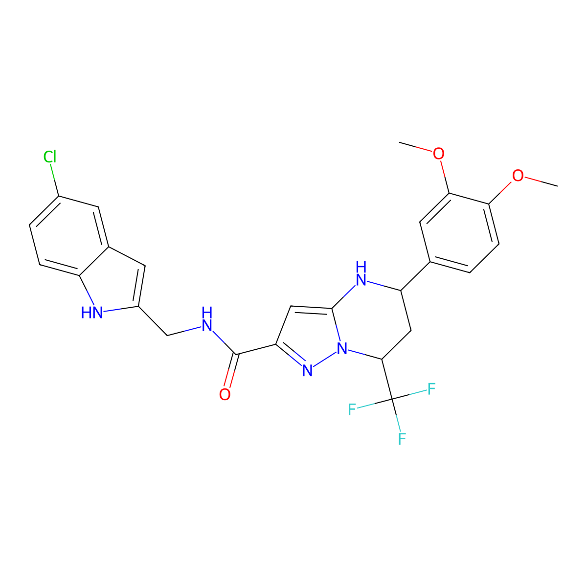 N-[(5-chloro-1H-indol-2-yl)methyl]-5-(3,4-dimethoxyphenyl)-7-(trifluoromethyl)-4,5,6,7-tetrahydropyrazolo[1,5-a]pyrimidine-2-carboxamide molecular structure, CAS 438211-95-1