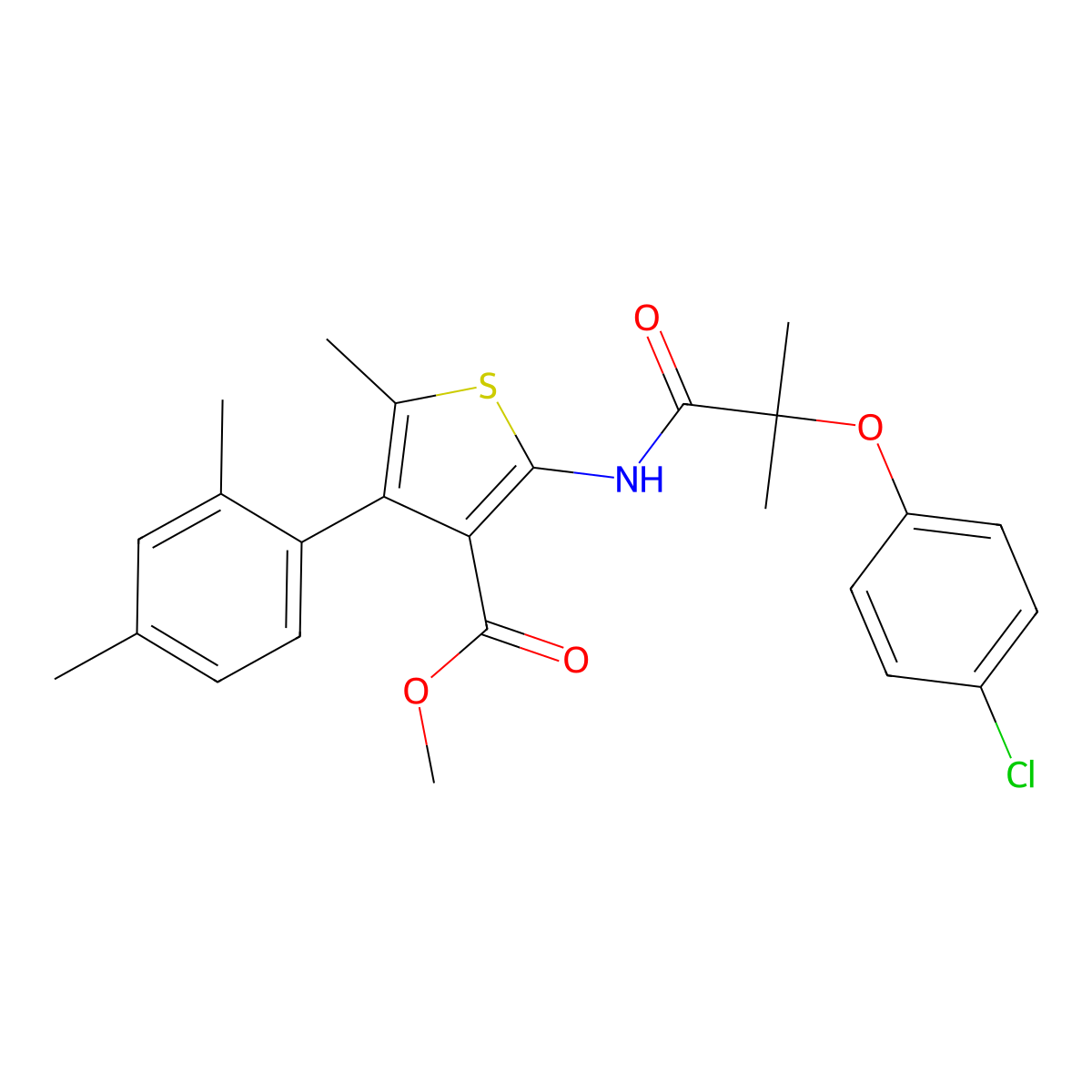 Methyl 2-[[2-(4-chlorophenoxy)-2-methylpropanoyl]amino]-4-(2,4-dimethylphenyl)-5-methylthiophene-3-carboxylate molecular structure, CAS 438212-01-2
