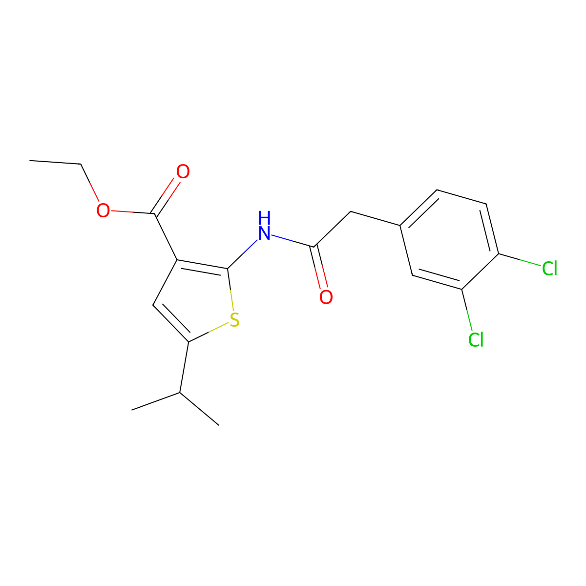 Ethyl 2-{[(3,4-dichlorophenyl)acetyl]amino}-5-isopropyl-3-thiophenecarboxylate molecular structure, CAS 438212-09-0