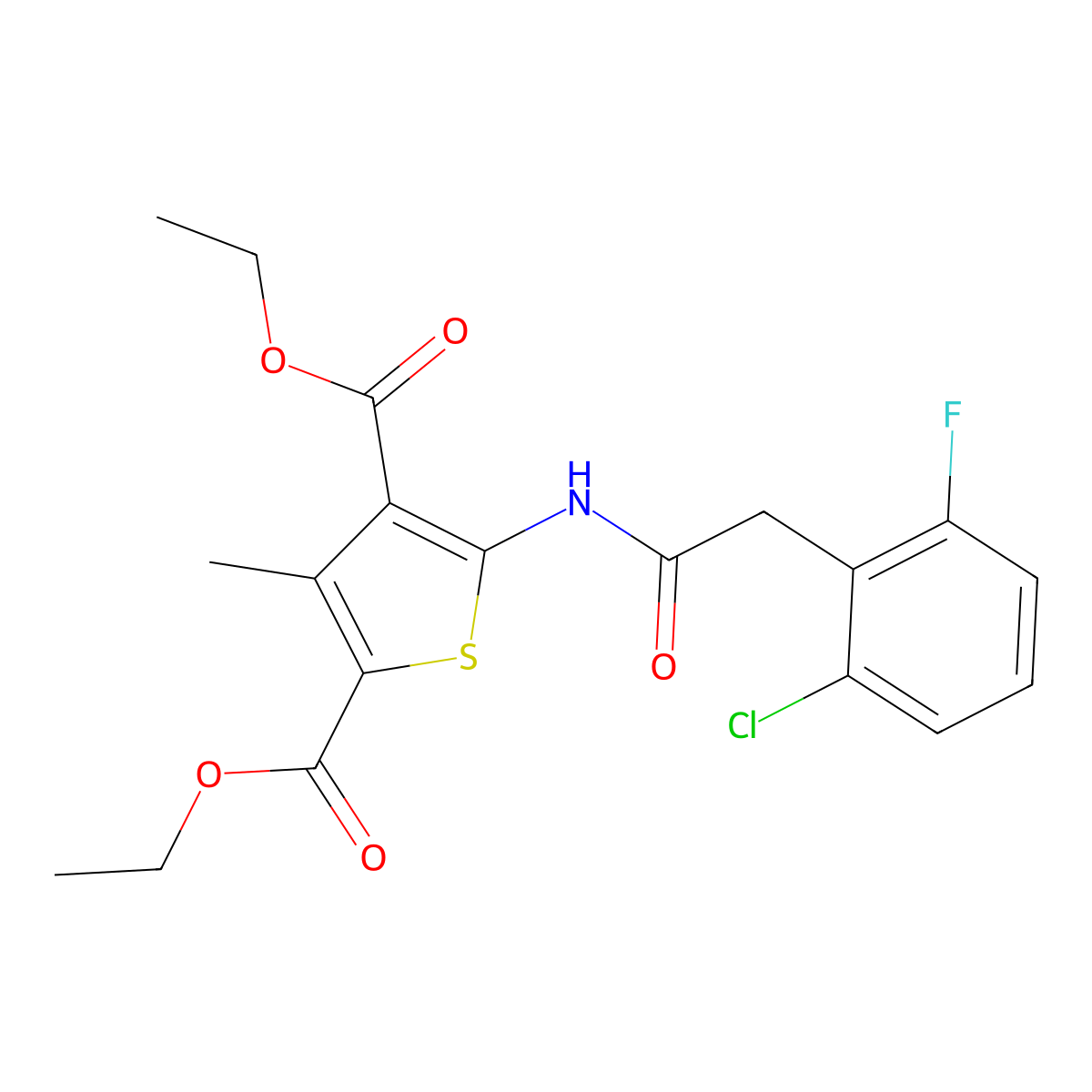 Diethyl 5-{[(2-chloro-6-fluorophenyl)acetyl]amino}-3-methyl-2,4-thiophenedicarboxylate molecular structure, CAS 438212-17-0