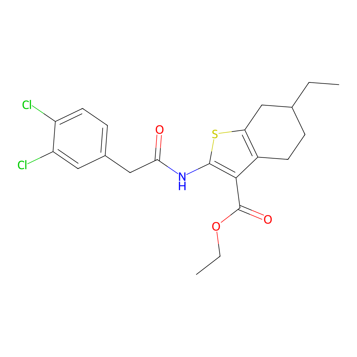 Ethyl 2-{[(3,4-dichlorophenyl)acetyl]amino}-6-ethyl-4,5,6,7-tetrahydro-1-benzothiophene-3-carboxylate molecular structure, CAS 438212-35-2