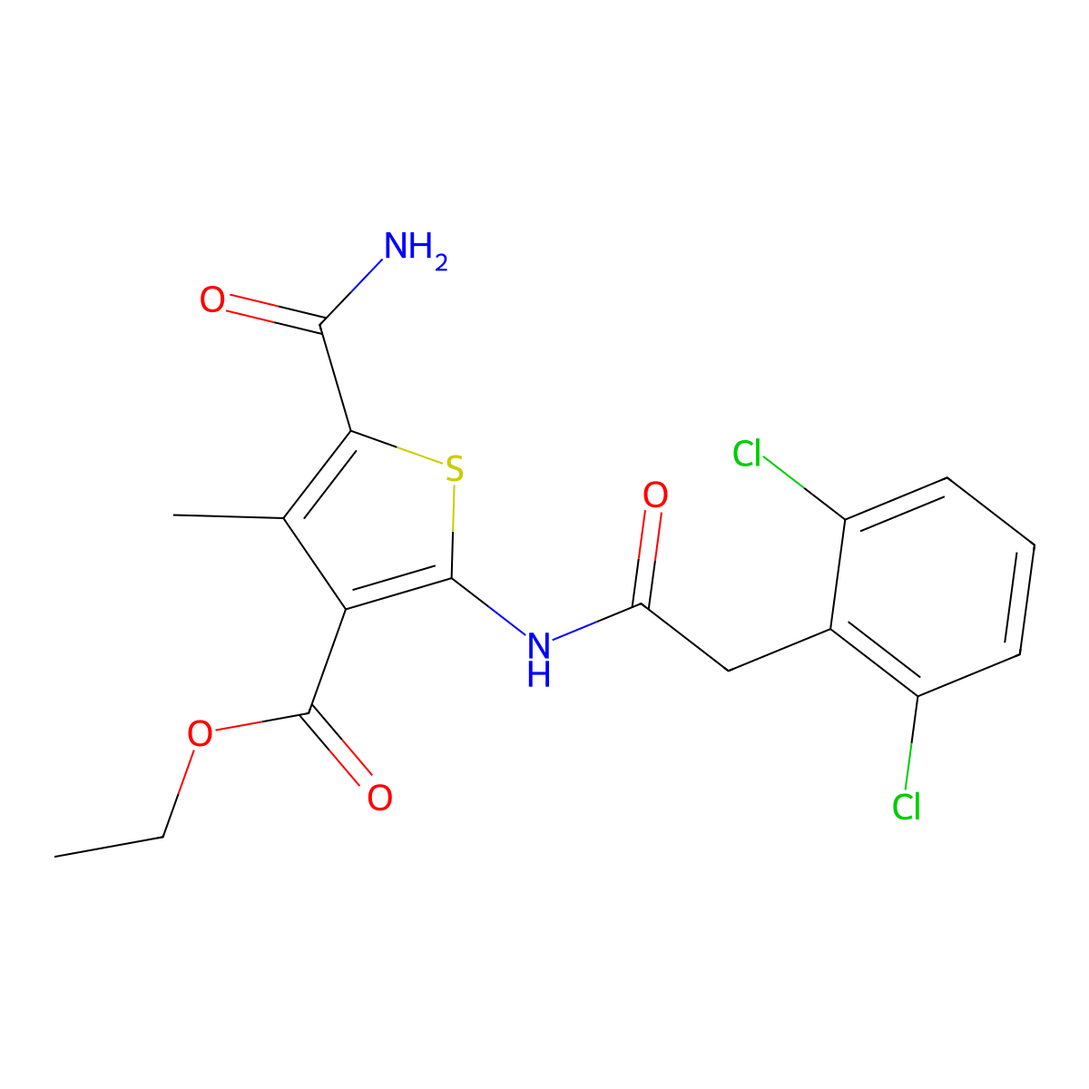 Ethyl 5-(aminocarbonyl)-2-{[(2,6-dichlorophenyl)acetyl]amino}-4-methyl-3-thiophenecarboxylate molecular structure, CAS 438212-37-4