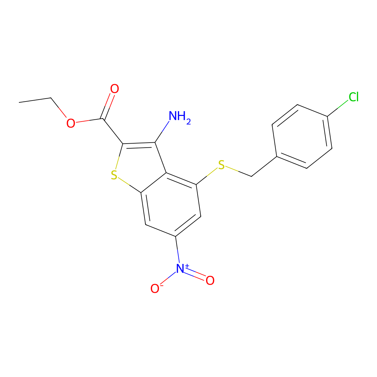 Ethyl 3-amino-4-(((4-chlorophenyl)methyl)thio)-6-nitrobenzo(b)thiophene-2-carboxylate molecular structure, CAS 438212-43-2