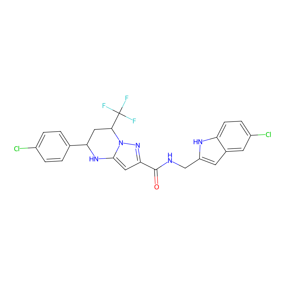 N-((5-Chloro-1H-indol-2-yl)methyl)-5-(4-chlorophenyl)-7-(trifluoromethyl)-4,5,6,7-tetrahydropyrazolo[1,5-a]pyrimidine-2-carboxamide molecular structure, CAS 438212-56-7
