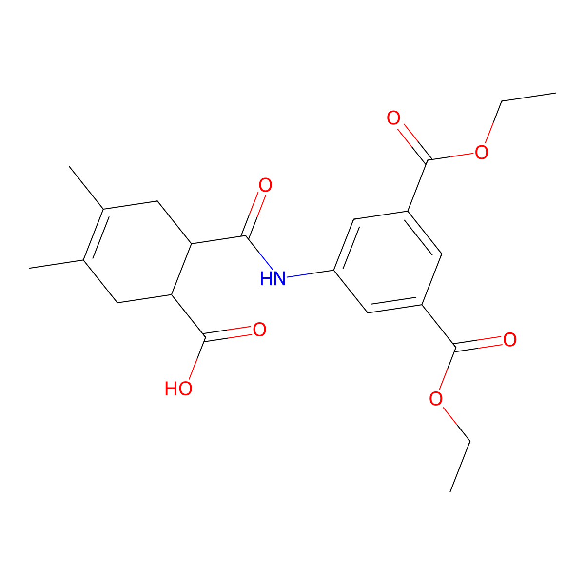 6-{[3,5-Bis(ethoxycarbonyl)phenyl]carbamoyl}-3,4-dimethylcyclohex-3-ene-1-carboxylic acid molecular structure, CAS 438212-57-8