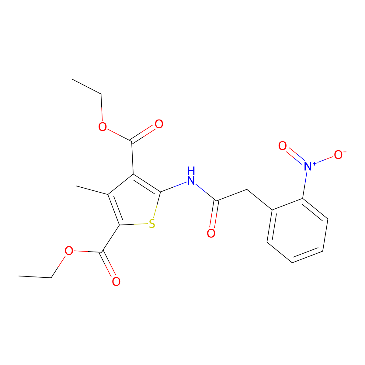 Diethyl 3-methyl-5-{[(2-nitrophenyl)acetyl]amino}thiophene-2,4-dicarboxylate molecular structure, CAS 438212-67-0