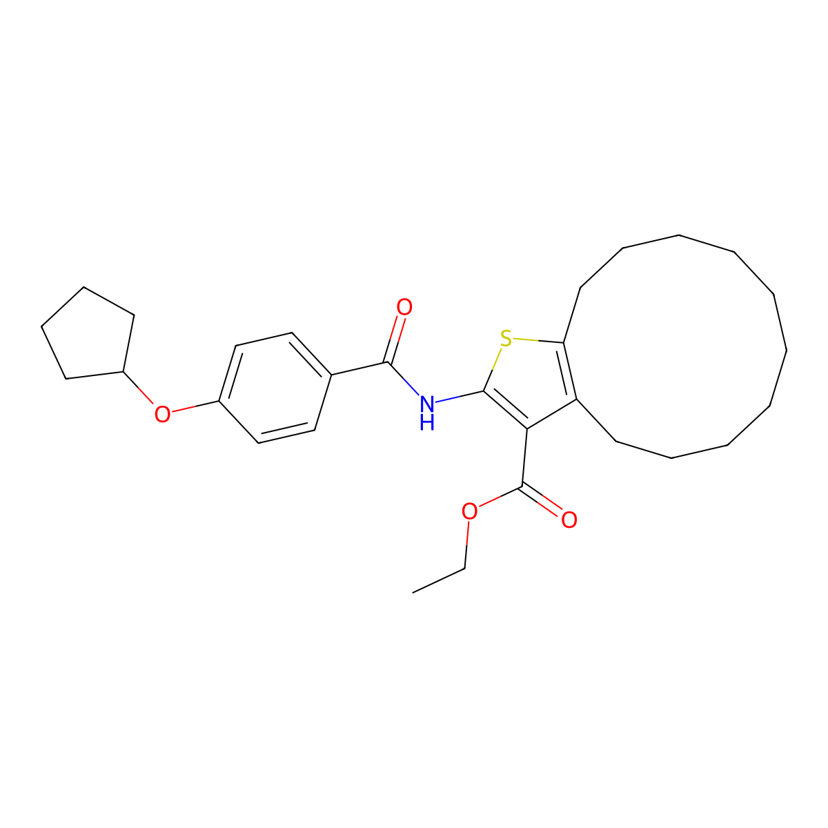Ethyl 2-({[4-(cyclopentyloxy)phenyl]carbonyl}amino)-4,5,6,7,8,9,10,11,12,13-decahydrocyclododeca[b]thiophene-3-carboxylate molecular structure, CAS 438212-72-7