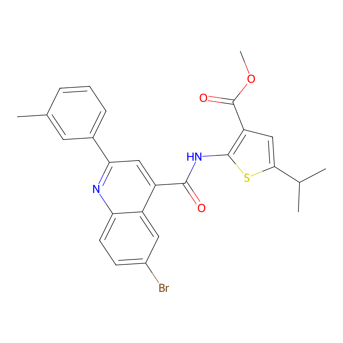 Methyl 2-({[6-bromo-2-(3-methylphenyl)-4-quinolinyl]carbonyl}amino)-5-isopropyl-3-thiophenecarboxylate molecular structure, CAS 438212-98-7