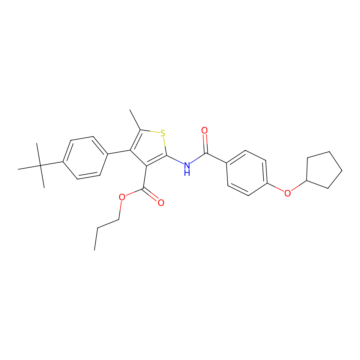 Propyl 4-(4-tert-butylphenyl)-2-[(4-cyclopentyloxybenzoyl)amino]-5-methylthiophene-3-carboxylate molecular structure, CAS 438213-05-9
