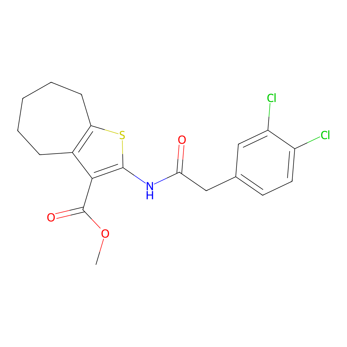 methyl 2-{[(3,4-dichlorophenyl)acetyl]amino}-5,6,7,8-tetrahydro-4H-cyclohepta[b]thiophene-3-carboxylate molecular structure, CAS 438213-09-3