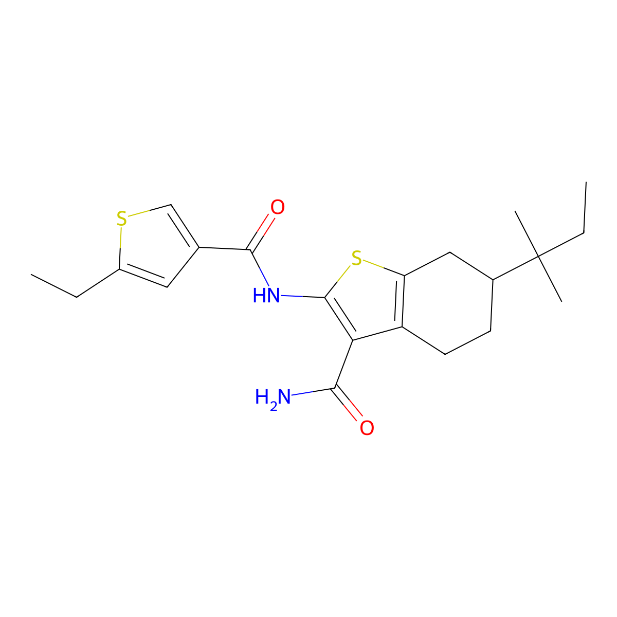 2-[(5-Ethylthiophene-3-carbonyl)amino]-6-(2-methylbutan-2-yl)-4,5,6,7-tetrahydro-1-benzothiophene-3-carboxamide molecular structure, CAS 438213-11-7