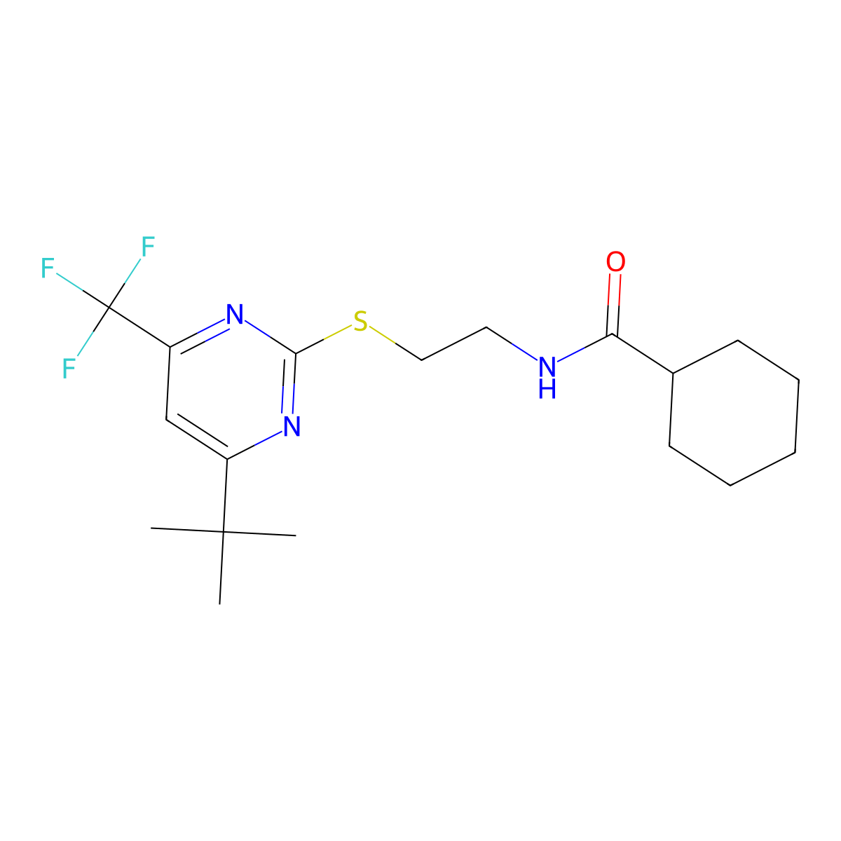 N-[2-[4-tert-butyl-6-(trifluoromethyl)pyrimidin-2-yl]sulfanylethyl]cyclohexanecarboxamide molecular structure, CAS 438213-16-2