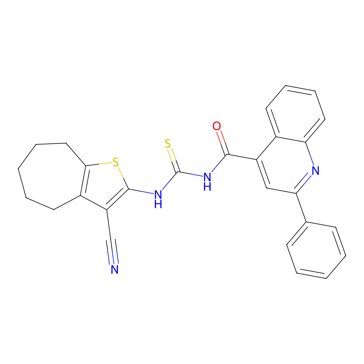 N-[(3-cyano-5,6,7,8-tetrahydro-4H-cyclohepta[b]thiophen-2-yl)carbamothioyl]-2-phenylquinoline-4-carboxamide molecular structure, CAS 438213-27-5