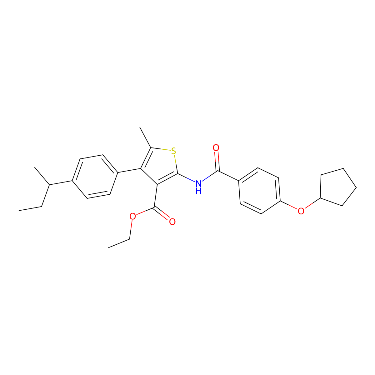 Ethyl 4-(4-sec-butylphenyl)-2-{[4-(cyclopentyloxy)benzoyl]amino}-5-methyl-3-thiophenecarboxylate molecular structure, CAS 438213-38-8