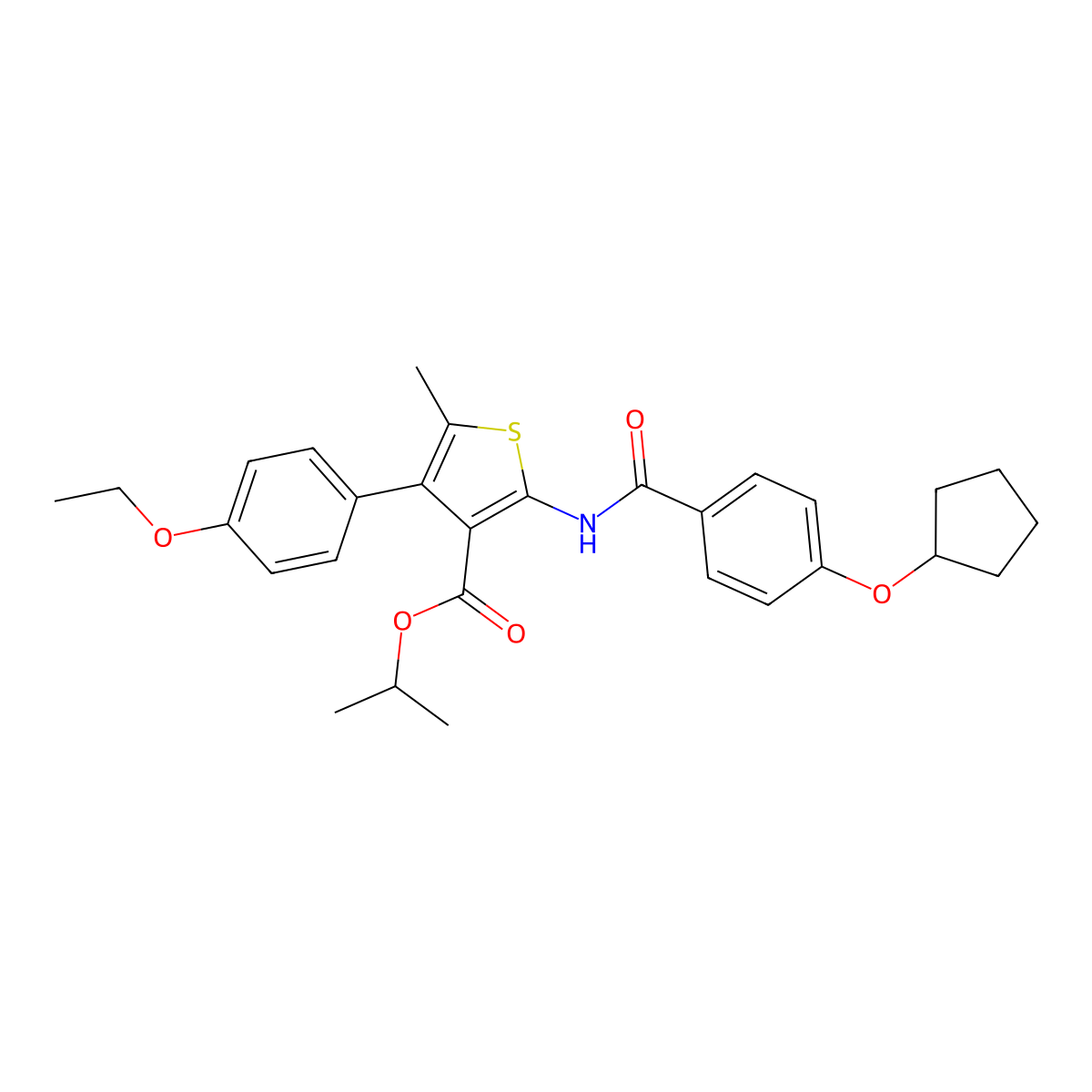 Isopropyl 2-{[4-(cyclopentyloxy)benzoyl]amino}-4-(4-ethoxyphenyl)-5-methyl-3-thiophenecarboxylate molecular structure, CAS 438213-52-6