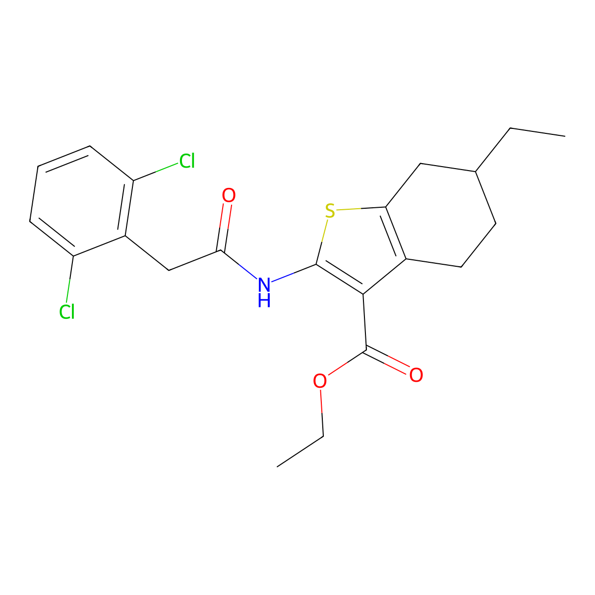 Ethyl 2-{[(2,6-dichlorophenyl)acetyl]amino}-6-ethyl-4,5,6,7-tetrahydro-1-benzothiophene-3-carboxylate molecular structure, CAS 438213-95-7