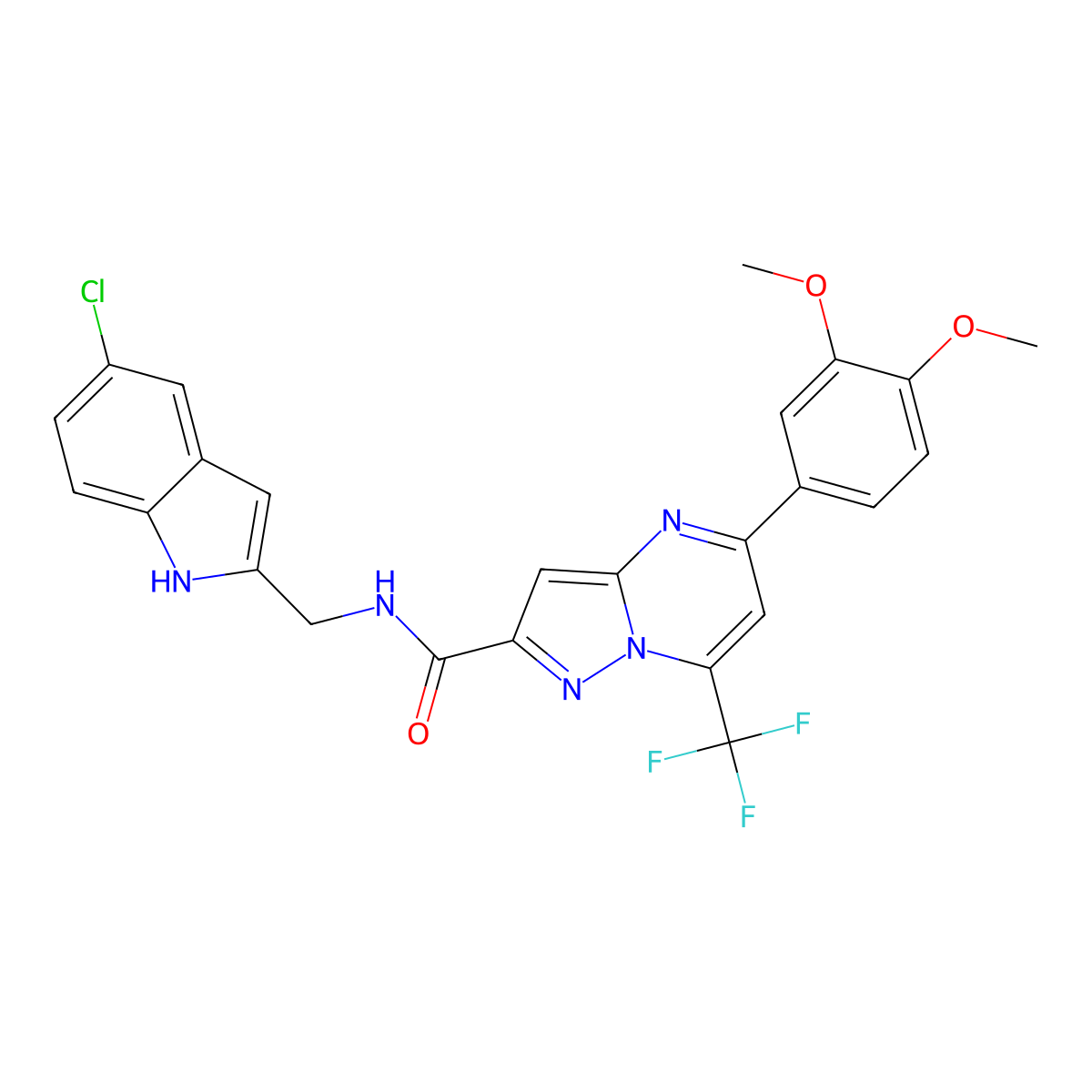 N-[(5-chloro-1H-indol-2-yl)methyl]-5-(3,4-dimethoxyphenyl)-7-(trifluoromethyl)pyrazolo[1,5-a]pyrimidine-2-carboxamide molecular structure, CAS 438214-11-0