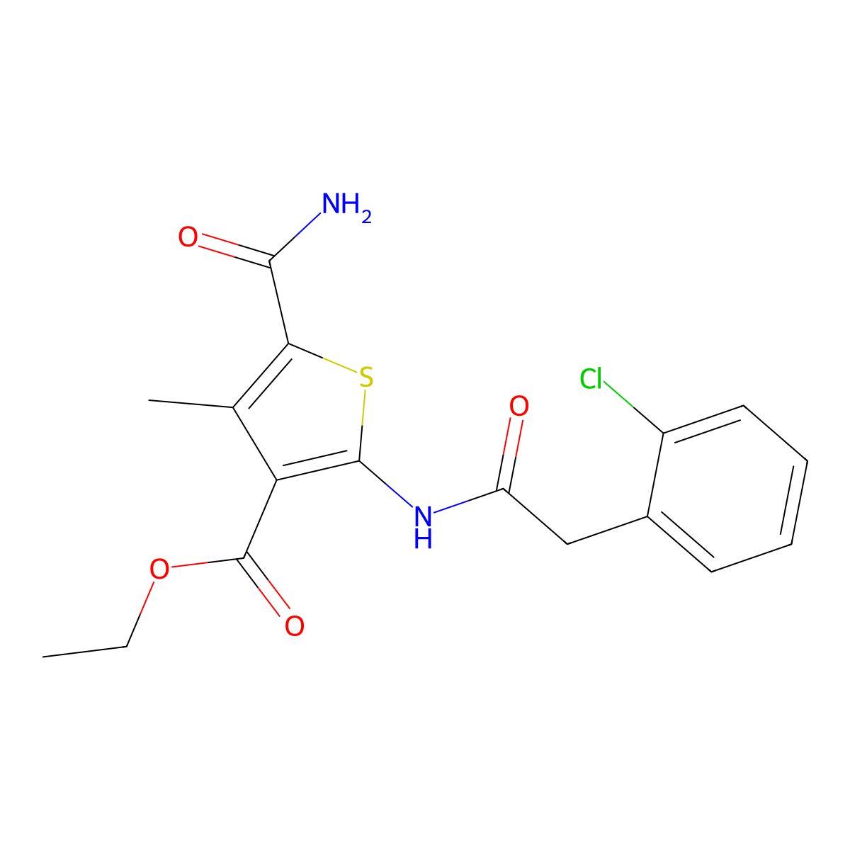 Ethyl 5-carbamoyl-2-{[(2-chlorophenyl)acetyl]amino}-4-methylthiophene-3-carboxylate molecular structure, CAS 438214-27-8