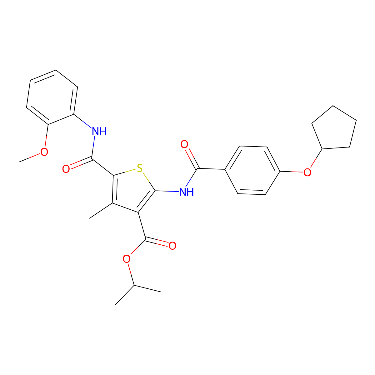 Isopropyl 2-{[4-(cyclopentyloxy)benzoyl]amino}-5-[(2-methoxyanilino)carbonyl]-4-methyl-3-thiophenecarboxylate molecular structure, CAS 438214-31-4