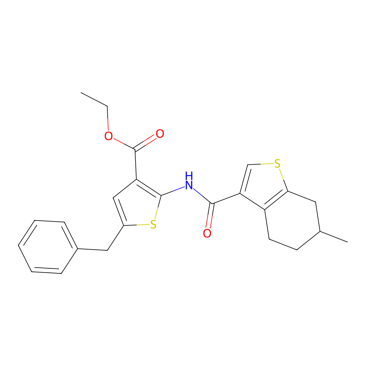 Ethyl 5-benzyl-2-[(6-methyl-4,5,6,7-tetrahydro-1-benzothiophene-3-carbonyl)amino]thiophene-3-carboxylate molecular structure, CAS 438214-44-9