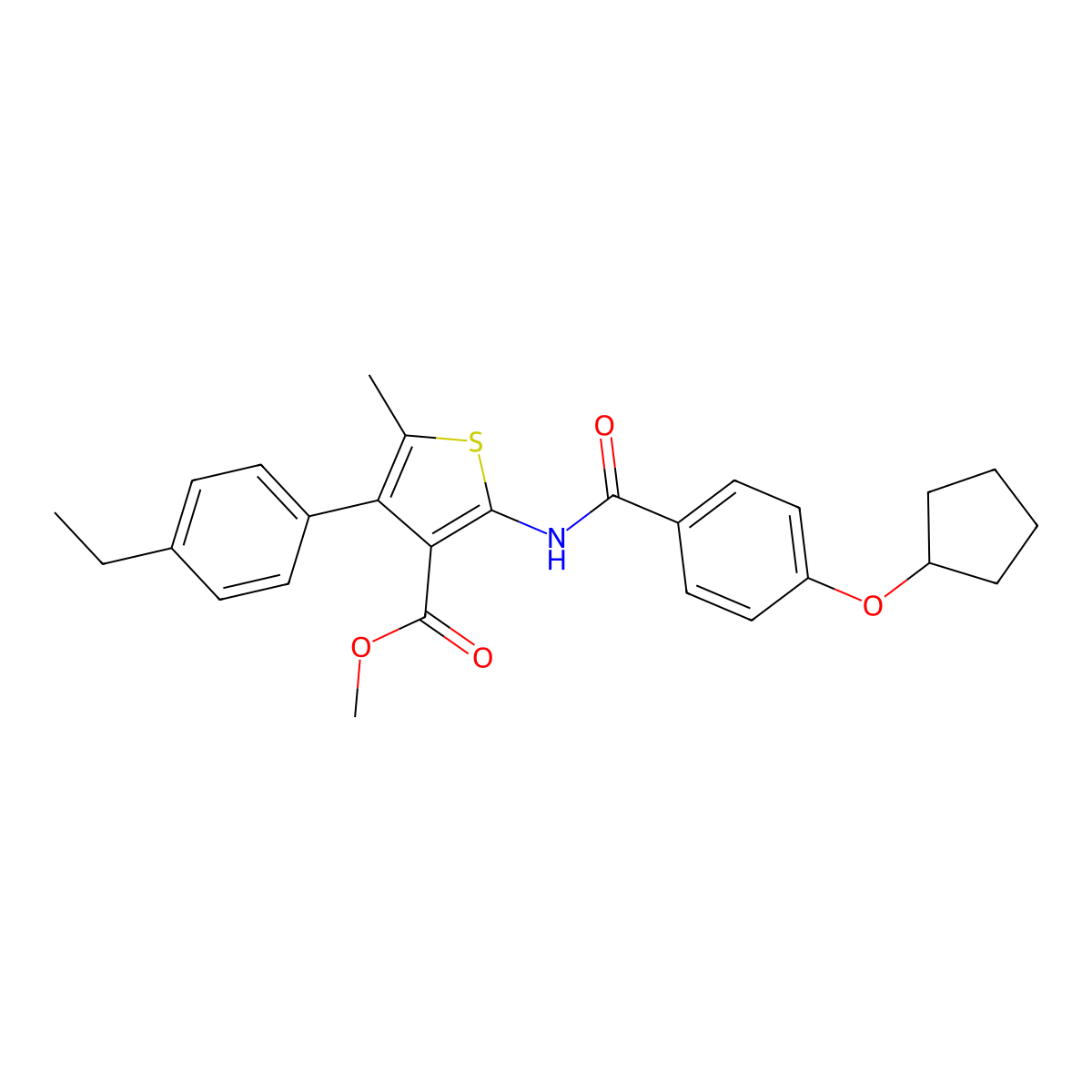 Methyl 2-[(4-cyclopentyloxybenzoyl)amino]-4-(4-ethylphenyl)-5-methylthiophene-3-carboxylate molecular structure, CAS 438214-56-3