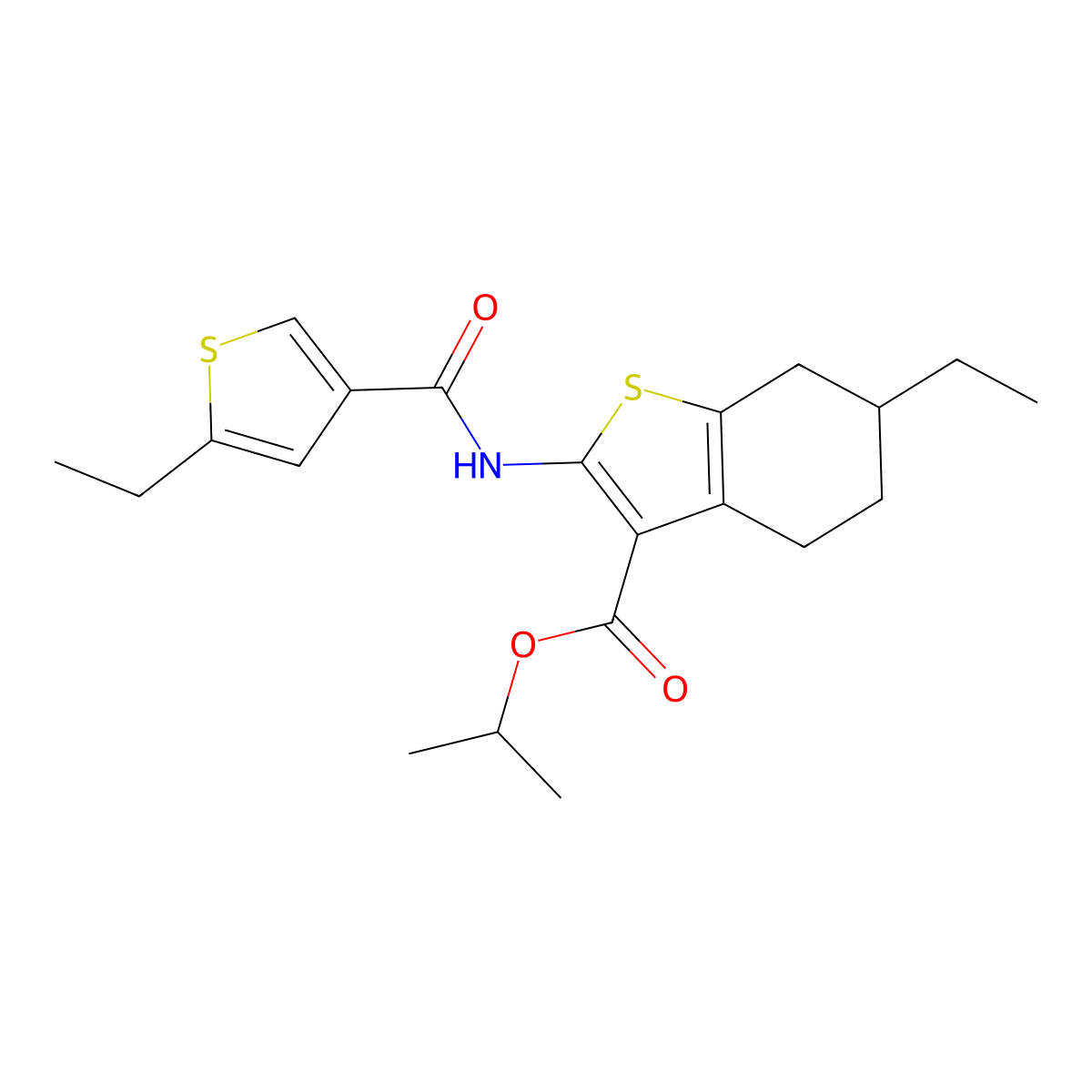 Isopropyl 6-ethyl-2-{[(5-ethyl-3-thienyl)carbonyl]amino}-4,5,6,7-tetrahydro-1-benzothiophene-3-carboxylate molecular structure, CAS 438214-58-5