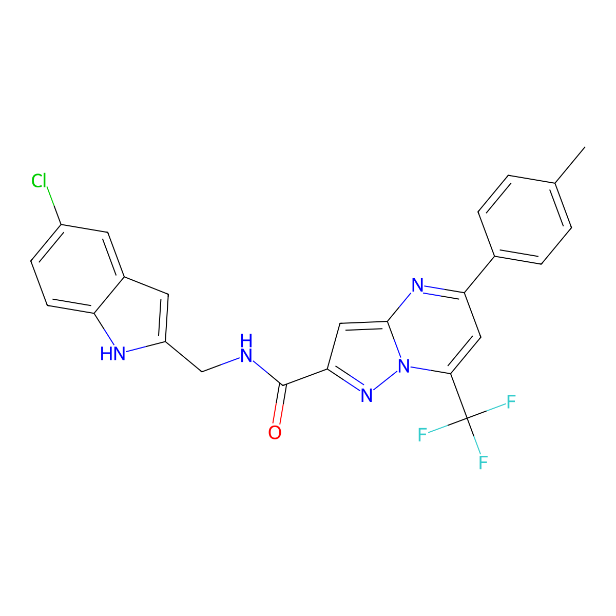 N-[(5-chloro-1H-indol-2-yl)methyl]-5-(4-methylphenyl)-7-(trifluoromethyl)pyrazolo[1,5-a]pyrimidine-2-carboxamide molecular structure, CAS 438214-59-6