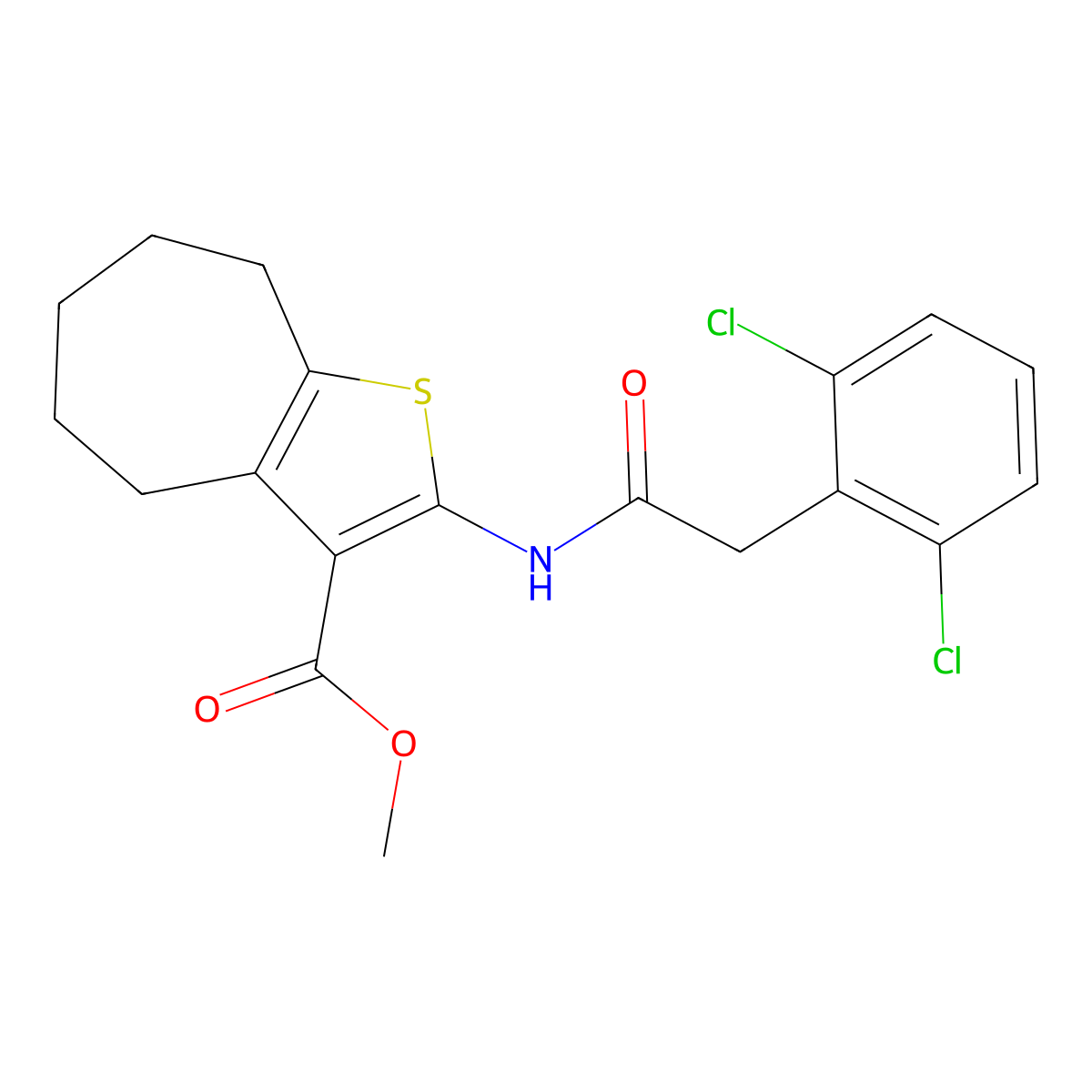 methyl 2-{[(2,6-dichlorophenyl)acetyl]amino}-5,6,7,8-tetrahydro-4H-cyclohepta[b]thiophene-3-carboxylate molecular structure, CAS 438214-84-7