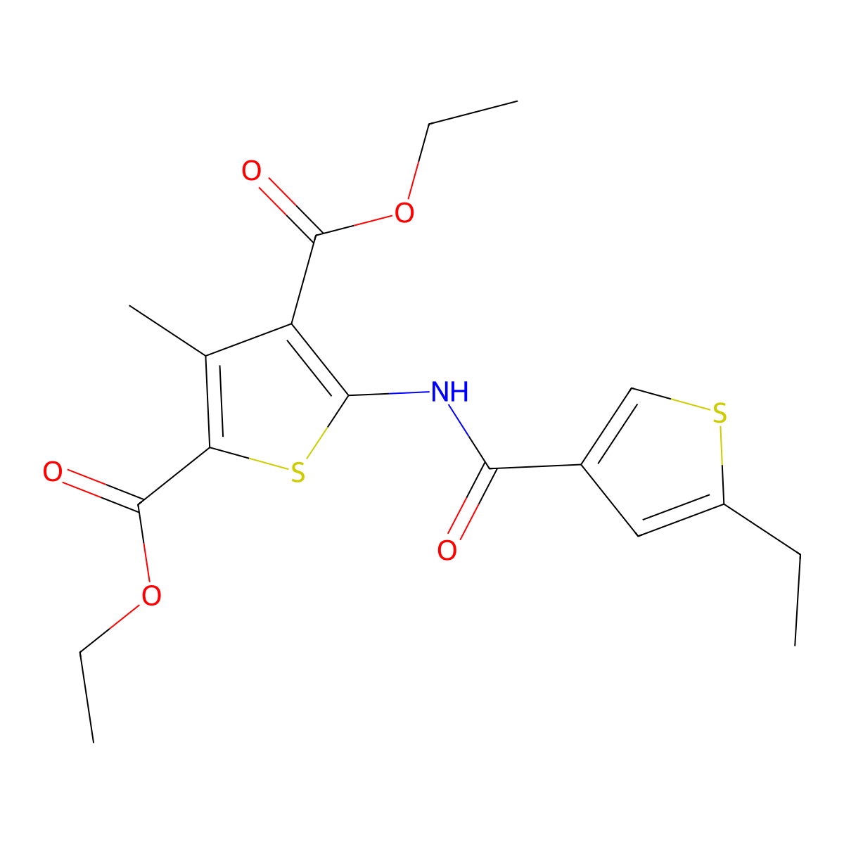 Diethyl 5-[(5-ethylthiophene-3-carbonyl)amino]-3-methylthiophene-2,4-dicarboxylate molecular structure, CAS 438215-47-5