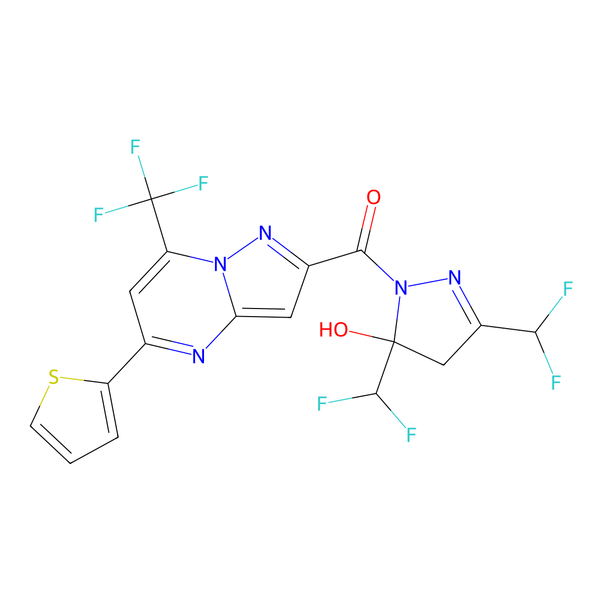 [3,5-bis(difluoromethyl)-5-hydroxy-4H-pyrazol-1-yl]-[5-thiophen-2-yl-7-(trifluoromethyl)pyrazolo[1,5-a]pyrimidin-2-yl]methanone molecular structure, CAS 438215-62-4