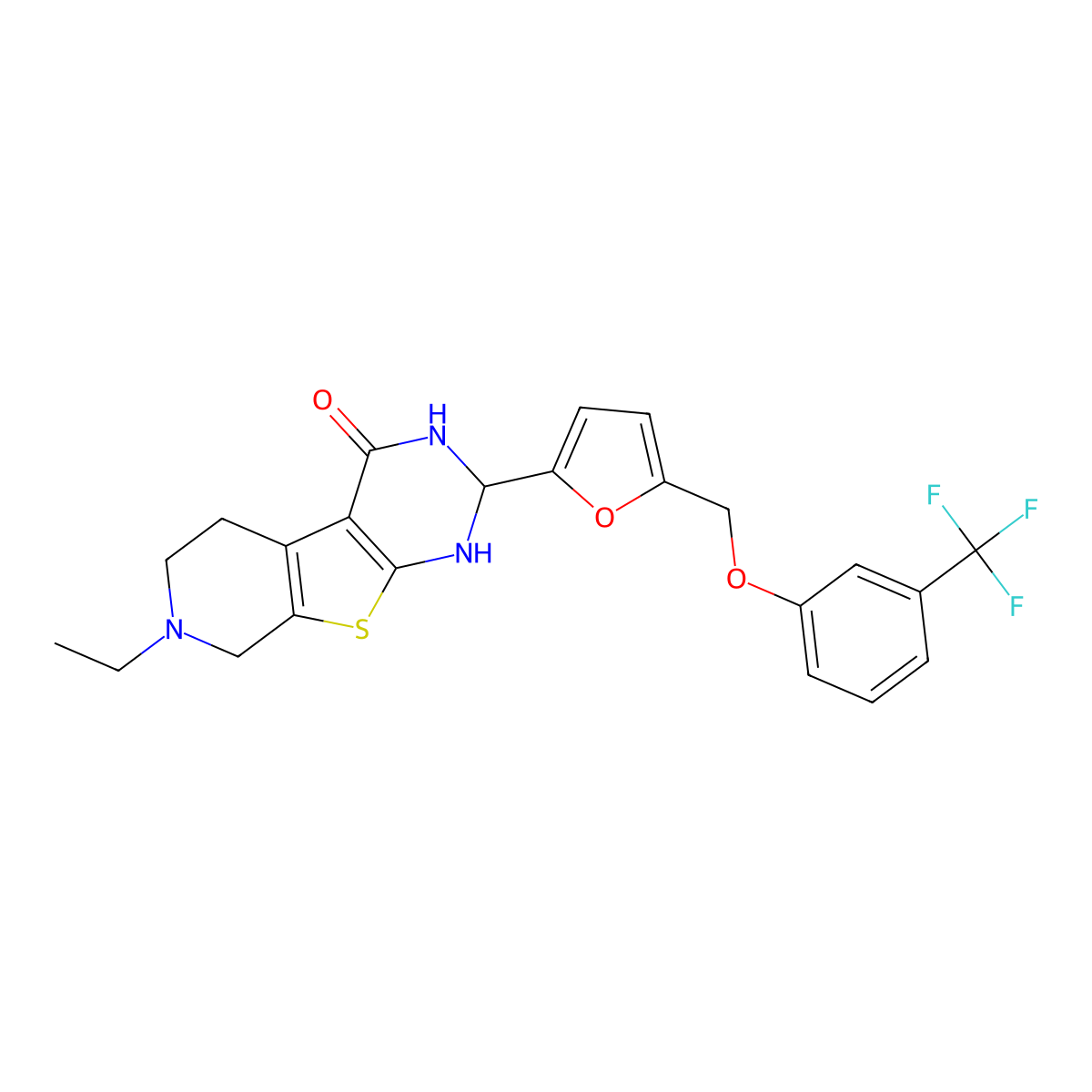 7-Ethyl-2-[5-[[3-(trifluoromethyl)phenoxy]methyl]furan-2-yl]-1,2,3,5,6,8-hexahydropyrido[2,3]thieno[2,4-d]pyrimidin-4-one molecular structure, CAS 438215-89-5