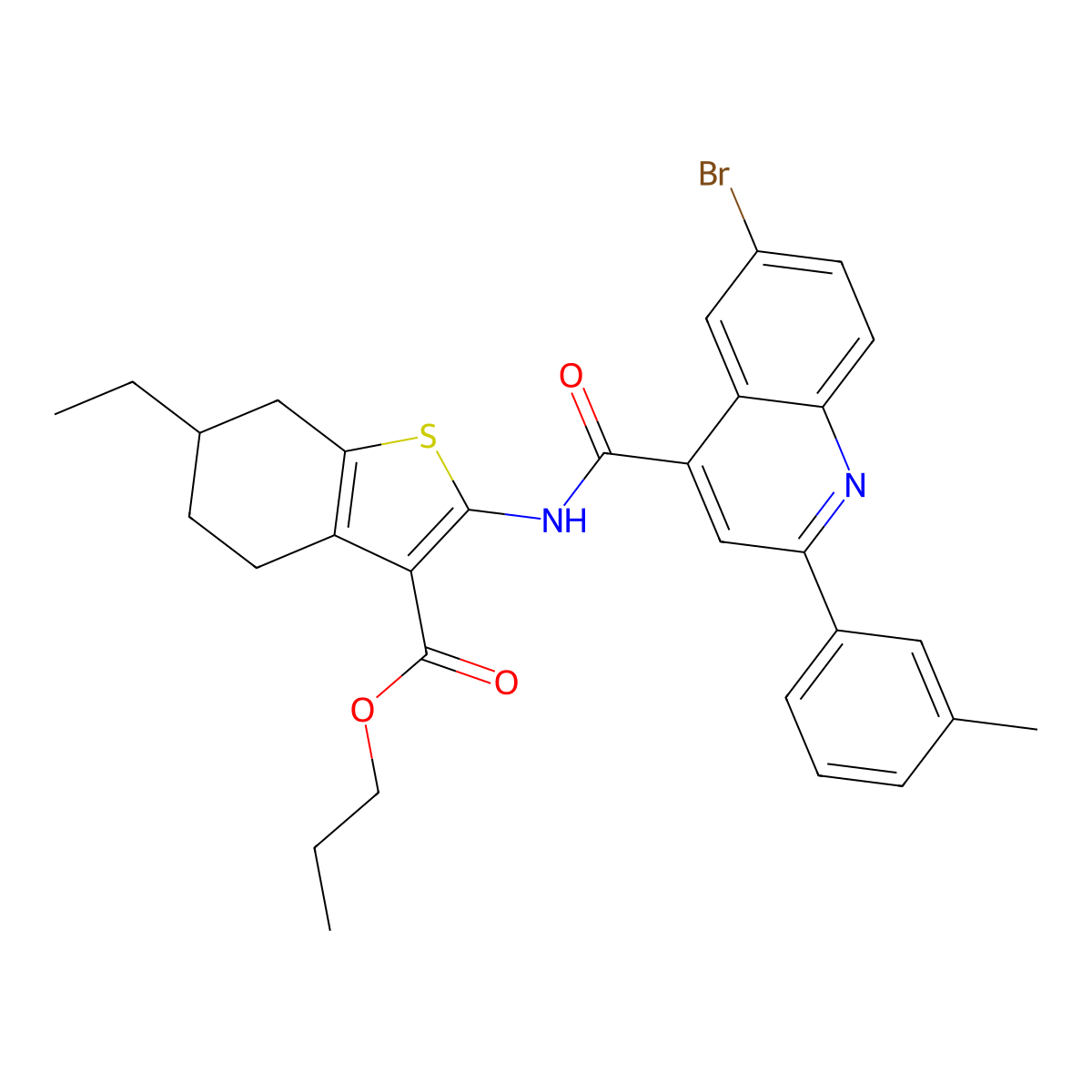 Propyl 2-({[6-bromo-2-(3-methylphenyl)quinolin-4-yl]carbonyl}amino)-6-ethyl-4,5,6,7-tetrahydro-1-benzothiophene-3-carboxylate molecular structure, CAS 438215-96-4