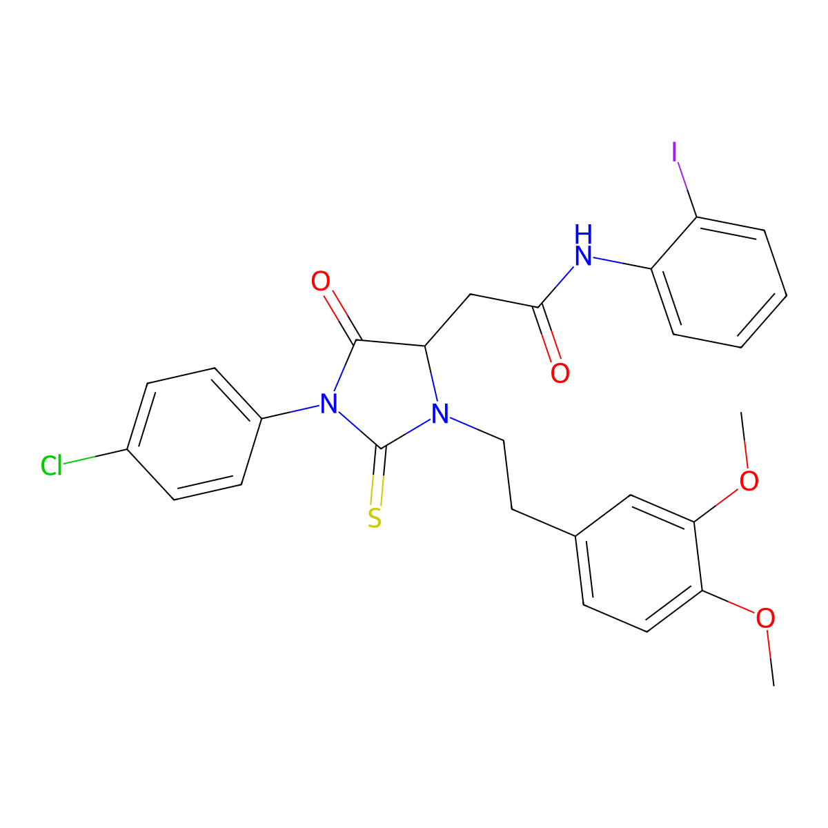 2-[1-(4-chlorophenyl)-3-[2-(3,4-dimethoxyphenyl)ethyl]-5-oxo-2-sulfanylideneimidazolidin-4-yl]-N-(2-iodophenyl)acetamide molecular structure, CAS 438216-24-1