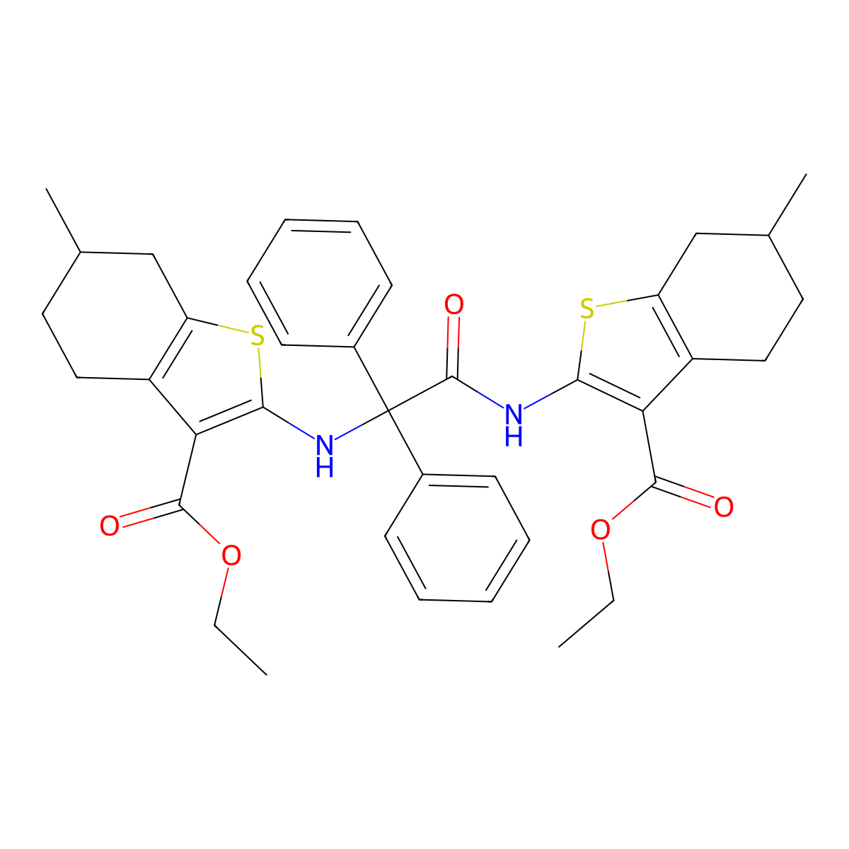 Ethyl 2-[[2-[(3-ethoxycarbonyl-6-methyl-4,5,6,7-tetrahydro-1-benzothiophen-2-yl)amino]-2,2-diphenylacetyl]amino]-6-methyl-4,5,6,7-tetrahydro-1-benzothiophene-3-carboxylate molecular structure, CAS 438216-35-4