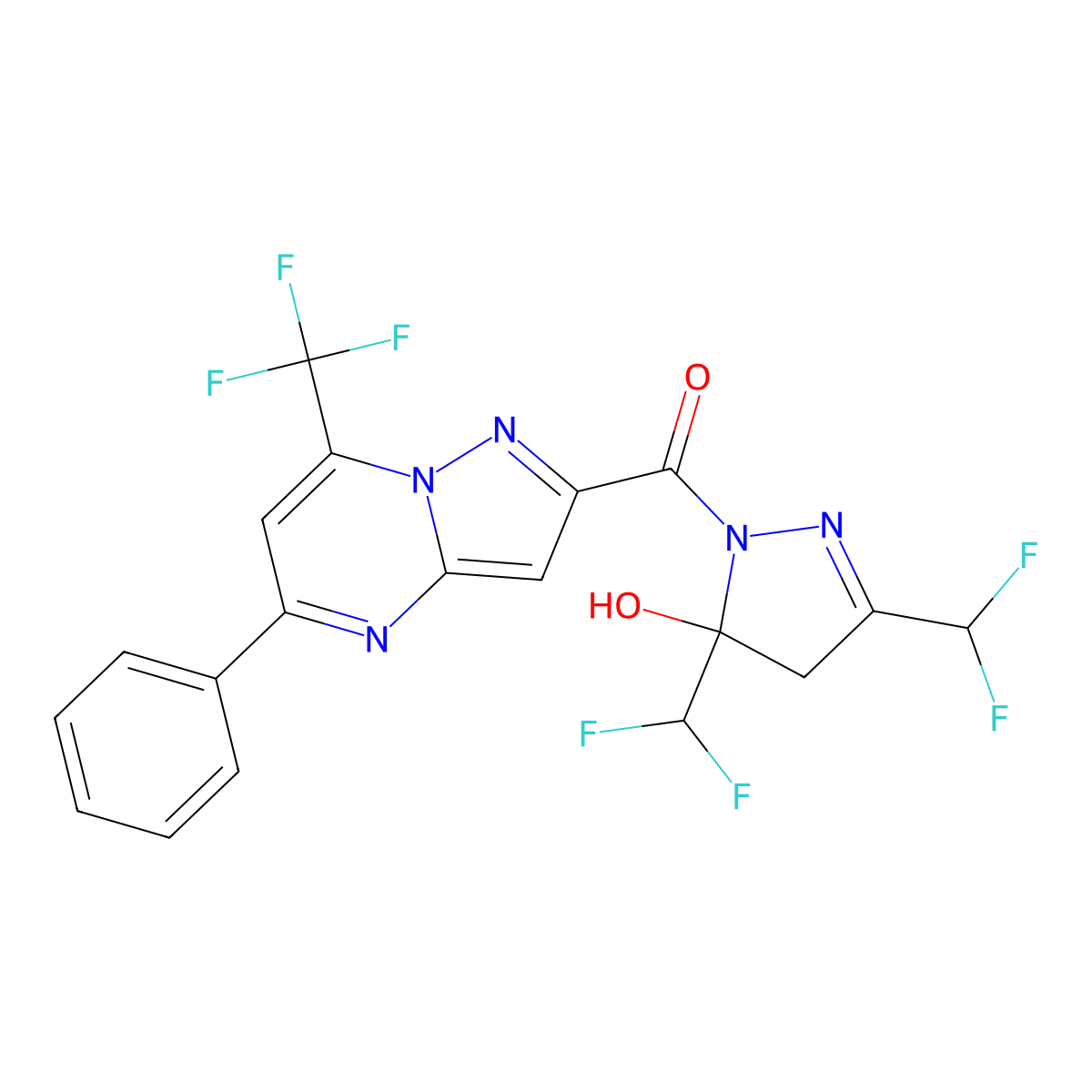 [3,5-bis(difluoromethyl)-5-hydroxy-4H-pyrazol-1-yl]-[5-phenyl-7-(trifluoromethyl)pyrazolo[1,5-a]pyrimidin-2-yl]methanone molecular structure, CAS 438216-55-8