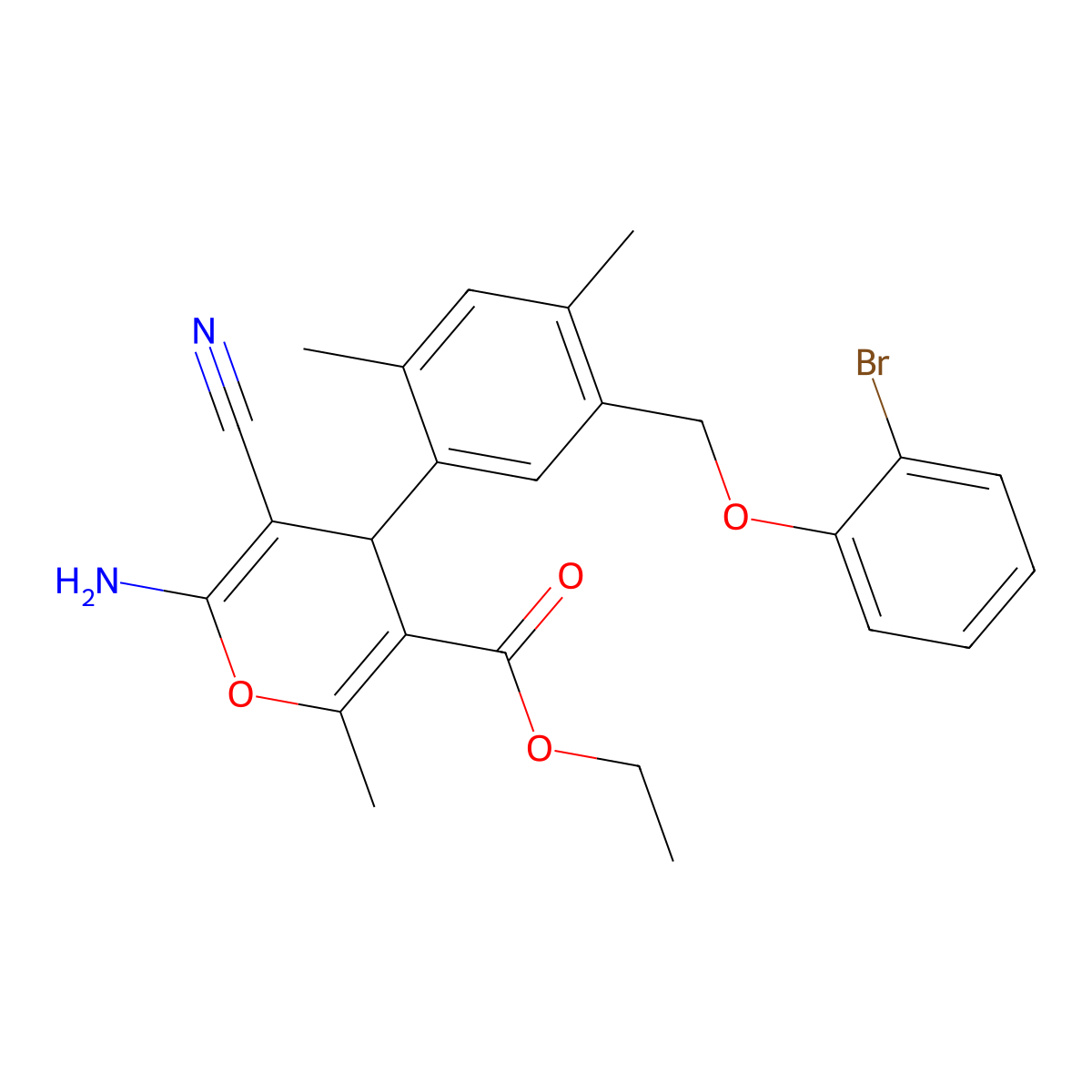 ethyl 6-amino-4-{5-[(2-bromophenoxy)methyl]-2,4-dimethylphenyl}-5-cyano-2-methyl-4H-pyran-3-carboxylate molecular structure, CAS 438217-02-8