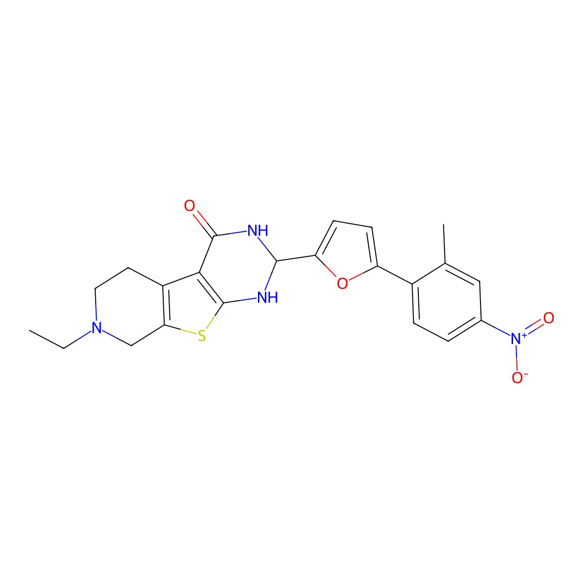 7-Ethyl-2-[5-(2-methyl-4-nitrophenyl)furan-2-yl]-1,2,3,5,6,8-hexahydropyrido[2,3]thieno[2,4-d]pyrimidin-4-one molecular structure, CAS 438217-26-6