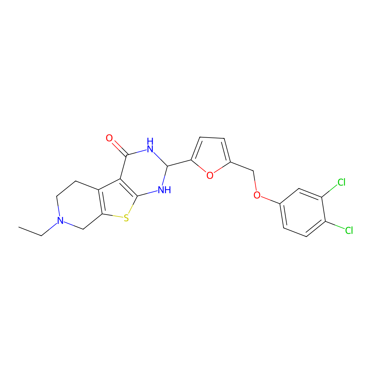 2-[5-[(3,4-Dichlorophenoxy)methyl]-2-furanyl]-7-ethyl-2,3,5,6,7,8-hexahydropyrido[4',3':4,5]thieno[2,3-d]pyrimidin-4(1H)-one molecular structure, CAS 438217-49-3