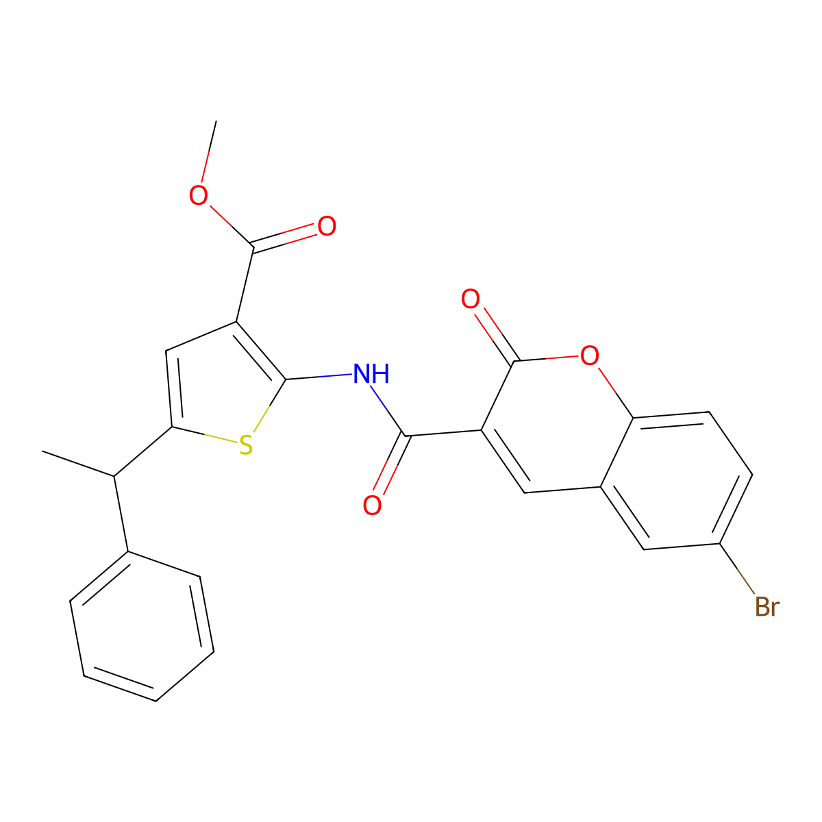methyl 2-{[(6-bromo-2-oxo-2H-chromen-3-yl)carbonyl]amino}-5-(1-phenylethyl)thiophene-3-carboxylate molecular structure, CAS 438217-62-0