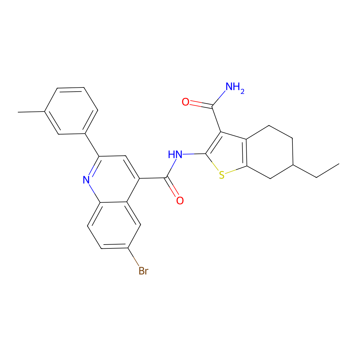 6-bromo-N-(3-carbamoyl-6-ethyl-4,5,6,7-tetrahydro-1-benzothiophen-2-yl)-2-(3-methylphenyl)quinoline-4-carboxamide molecular structure, CAS 438217-82-4