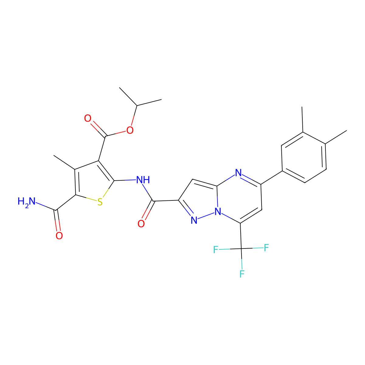 Isopropyl 5-(aminocarbonyl)-2-({[5-(3,4-dimethylphenyl)-7-(trifluoromethyl)pyrazolo[1,5-a]pyrimidin-2-yl]carbonyl}amino)-4-methyl-3-thiophenecarboxylate molecular structure, CAS 438217-96-0
