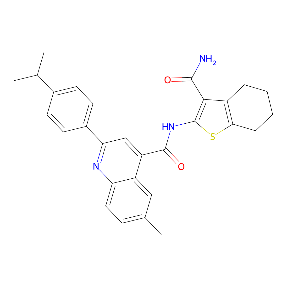N-(3-carbamoyl-4,5,6,7-tetrahydro-1-benzothiophen-2-yl)-6-methyl-2-(4-propan-2-ylphenyl)quinoline-4-carboxamide molecular structure, CAS 438218-09-8
