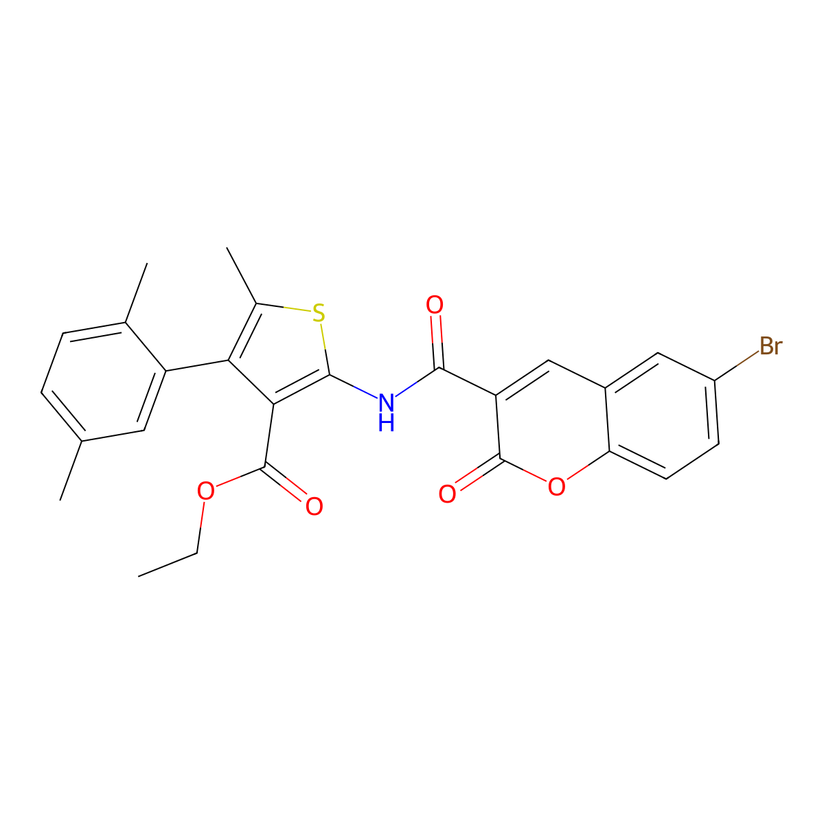 Ethyl 2-[(6-bromo-2-oxochromene-3-carbonyl)amino]-4-(2,5-dimethylphenyl)-5-methylthiophene-3-carboxylate molecular structure, CAS 438218-21-4