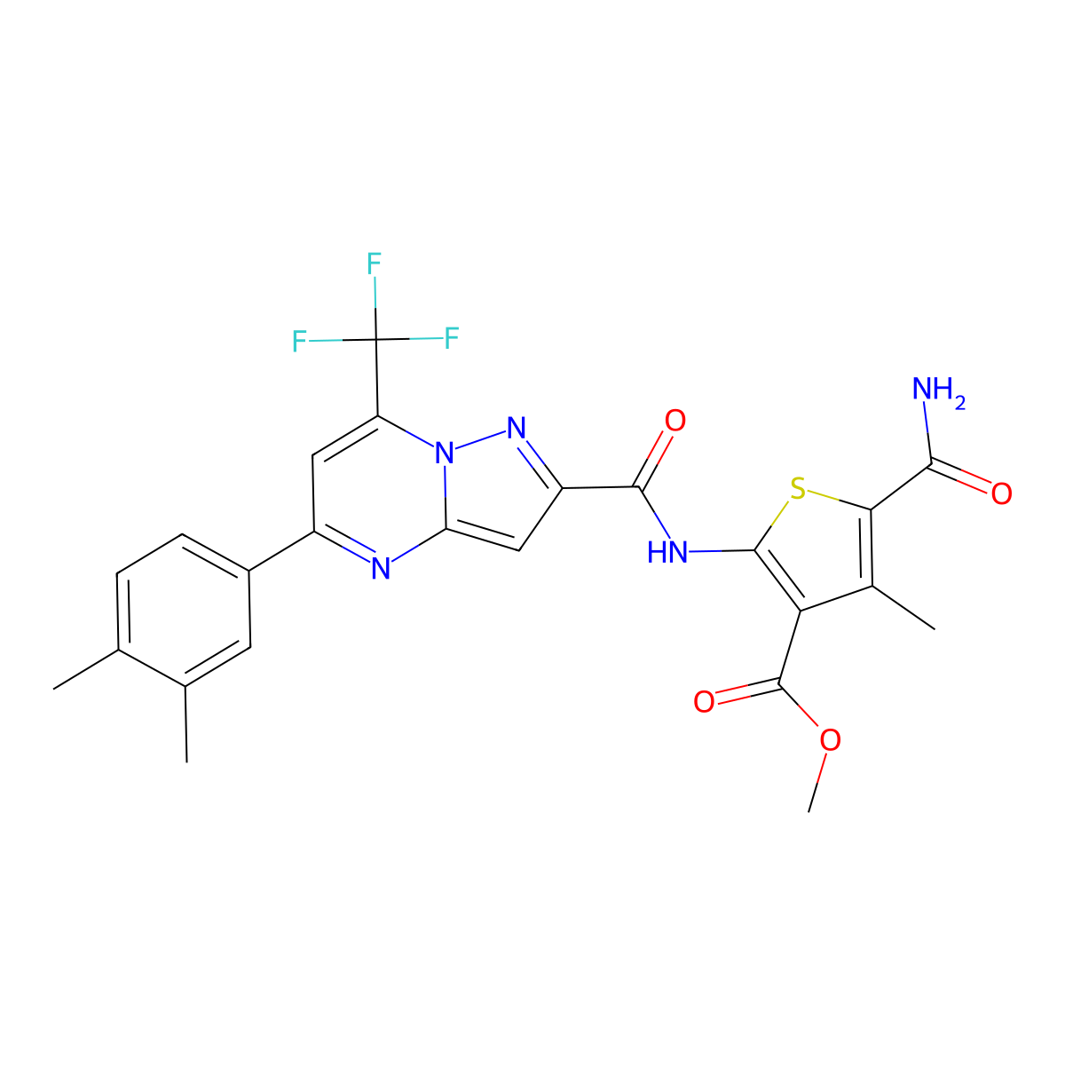 Methyl 5-carbamoyl-2-[[5-(3,4-dimethylphenyl)-7-(trifluoromethyl)pyrazolo[1,5-a]pyrimidine-2-carbonyl]amino]-4-methylthiophene-3-carboxylate molecular structure, CAS 438218-28-1