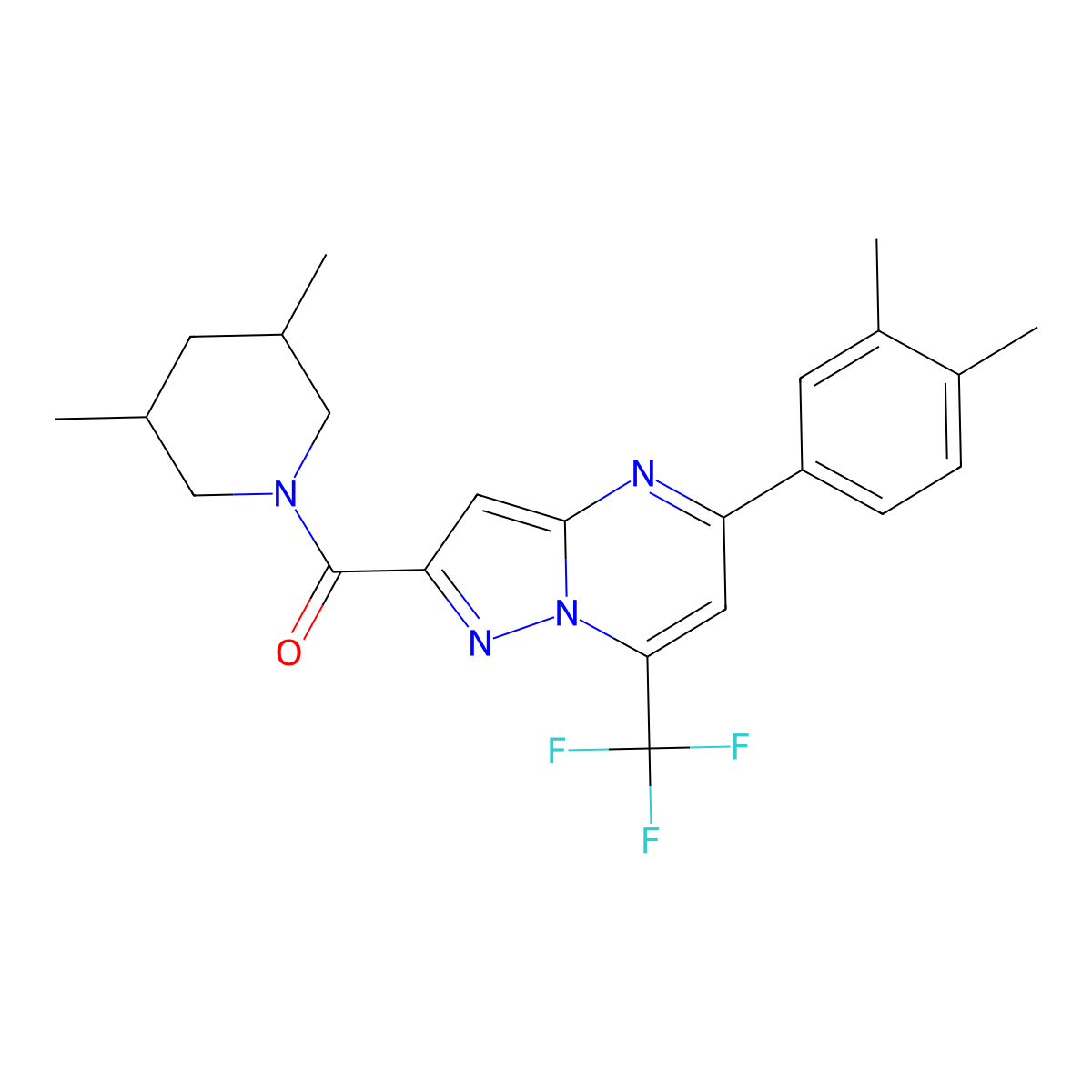 [5-(3,4-Dimethylphenyl)-7-(trifluoromethyl)pyrazolo[1,5-a]pyrimidin-2-yl]-(3,5-dimethylpiperidin-1-yl)methanone molecular structure, CAS 438218-51-0