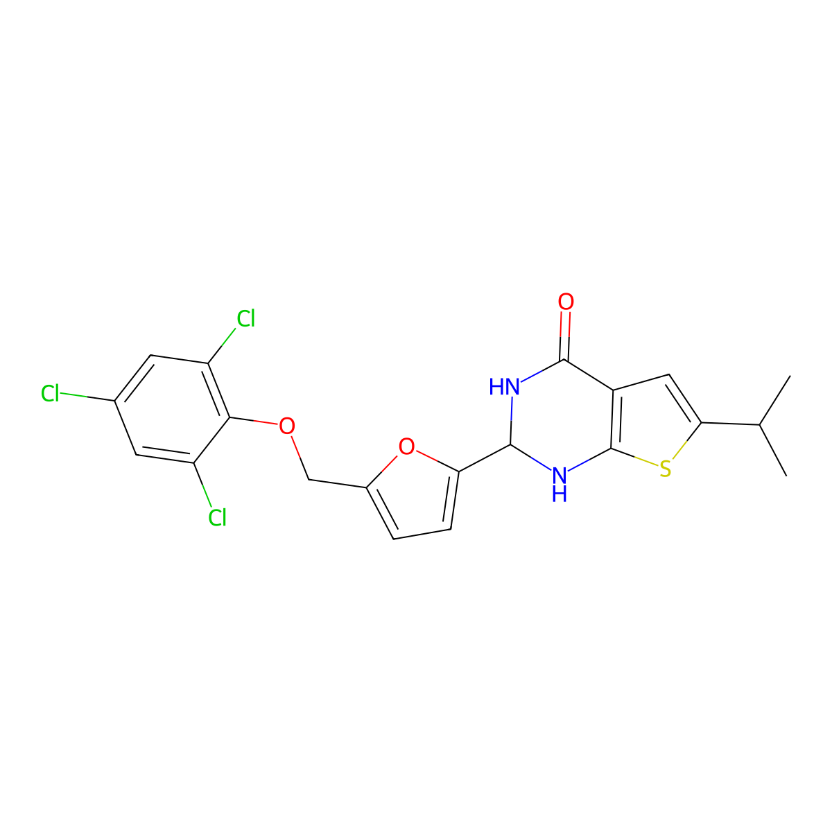 6-(propan-2-yl)-2-{5-[(2,4,6-trichlorophenoxy)methyl]furan-2-yl}-2,3-dihydrothieno[2,3-d]pyrimidin-4(1H)-one molecular structure, CAS 438218-87-2
