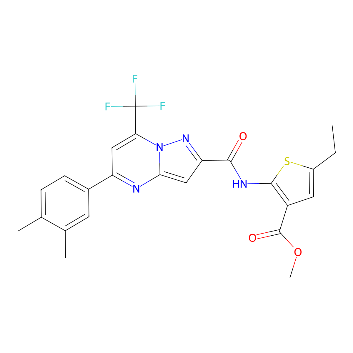 Methyl 2-({[5-(3,4-dimethylphenyl)-7-(trifluoromethyl)pyrazolo[1,5-a]pyrimidin-2-yl]carbonyl}amino)-5-ethylthiophene-3-carboxylate molecular structure, CAS 438218-91-8