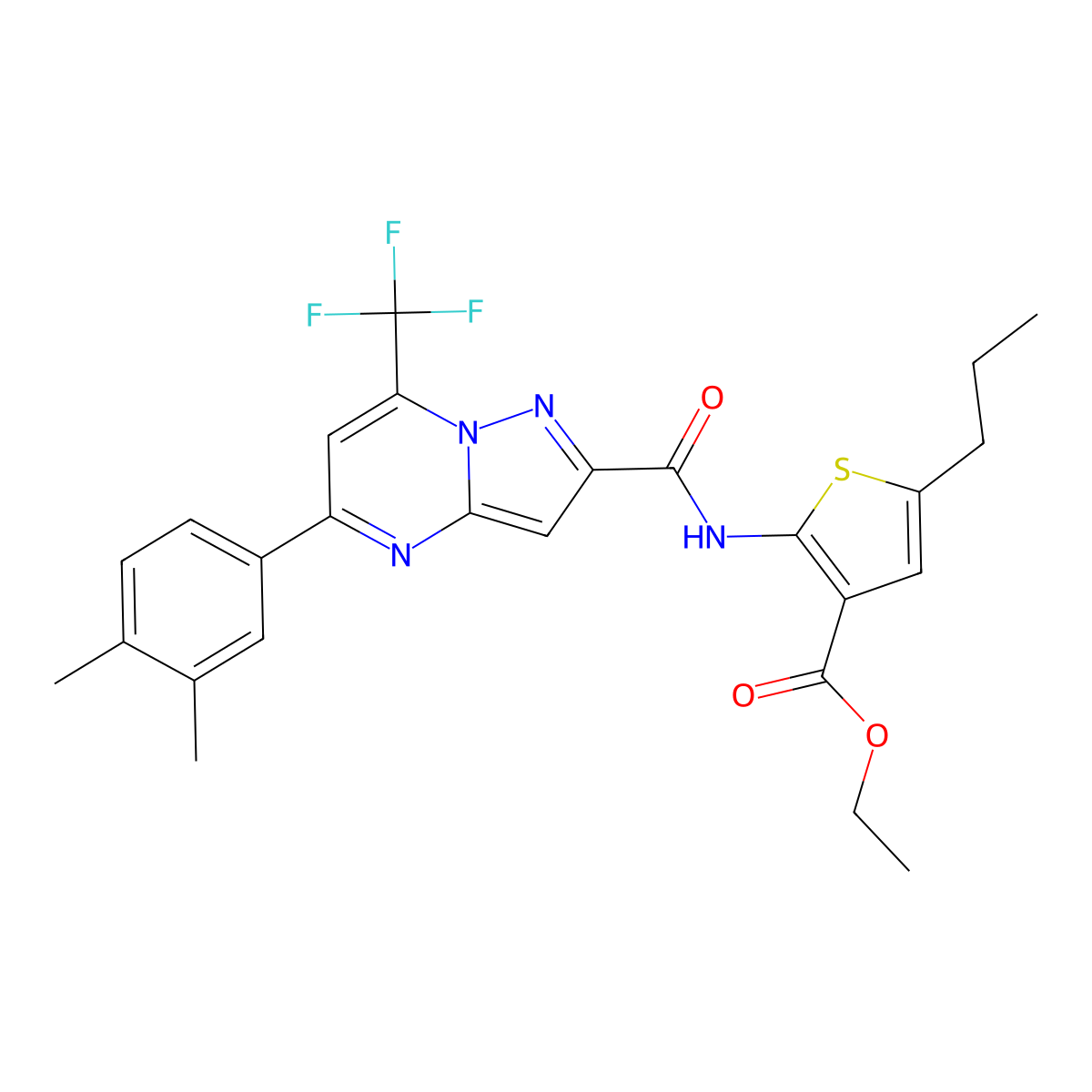 Ethyl 2-[[5-(3,4-dimethylphenyl)-7-(trifluoromethyl)pyrazolo[1,5-a]pyrimidine-2-carbonyl]amino]-5-propylthiophene-3-carboxylate molecular structure, CAS 438219-00-2