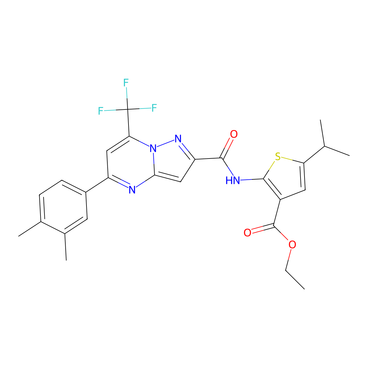Ethyl 2-({[5-(3,4-dimethylphenyl)-7-(trifluoromethyl)pyrazolo[1,5-a]pyrimidin-2-yl]carbonyl}amino)-5-isopropyl-3-thiophenecarboxylate molecular structure, CAS 438219-02-4